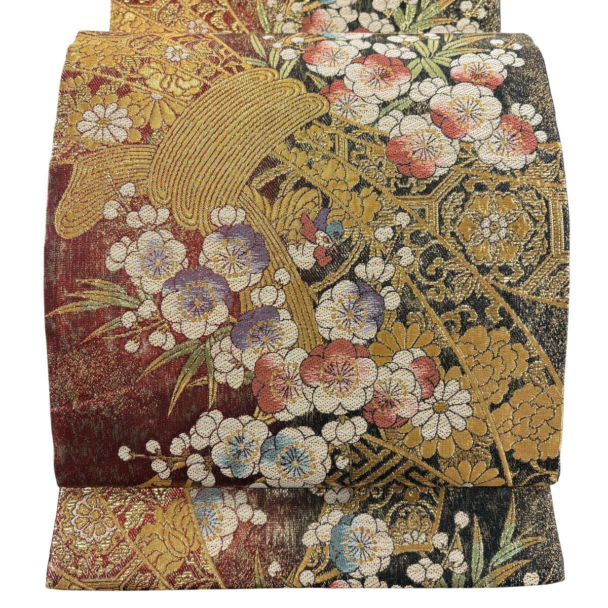 【美品】 袋帶 秀品級 束帶熨斗紋 草花紋紋 金金箔 紅茶 六通 純蠶絲