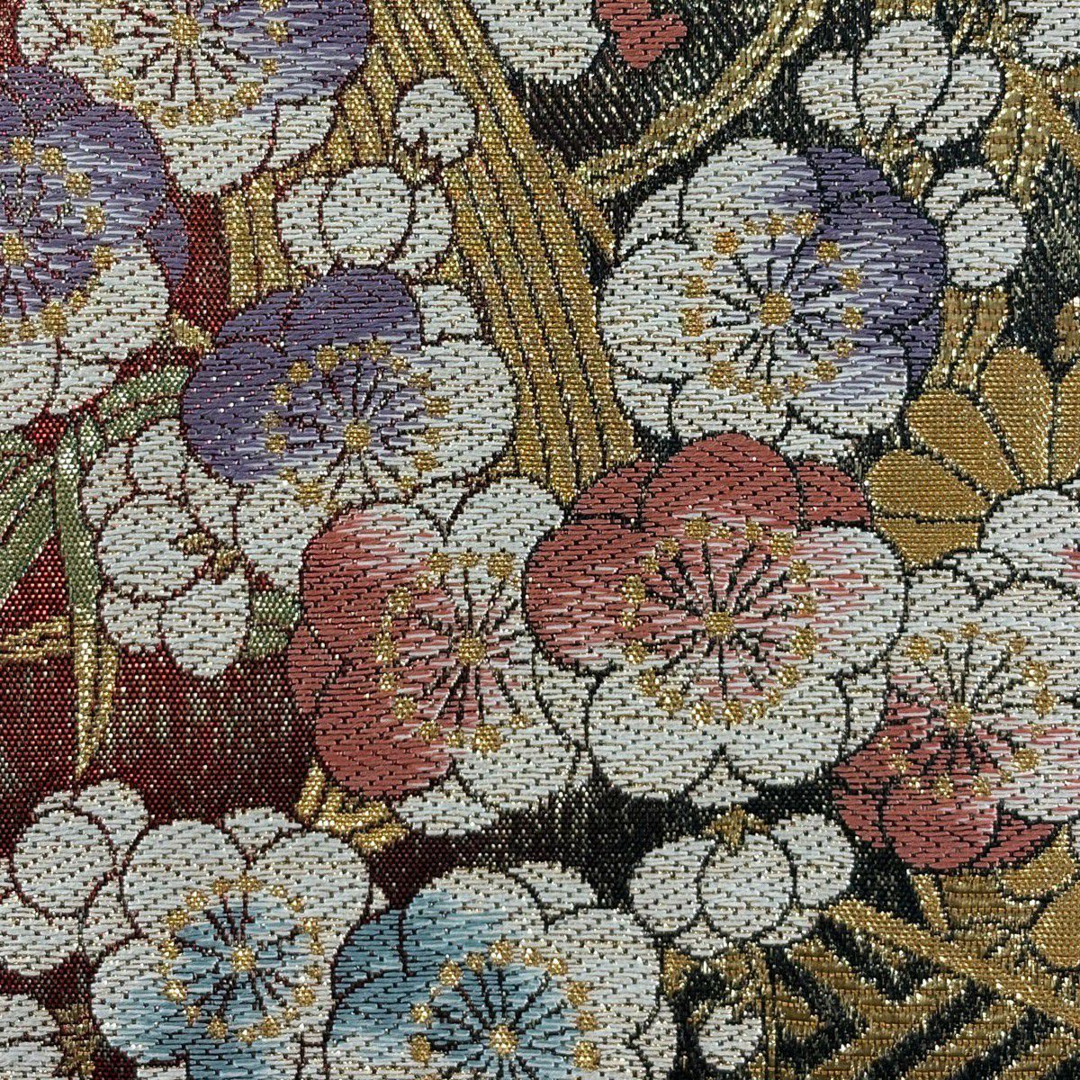 【美品】 袋帶 秀品級 束帶熨斗紋 草花紋紋 金金箔 紅茶 六通 純蠶絲