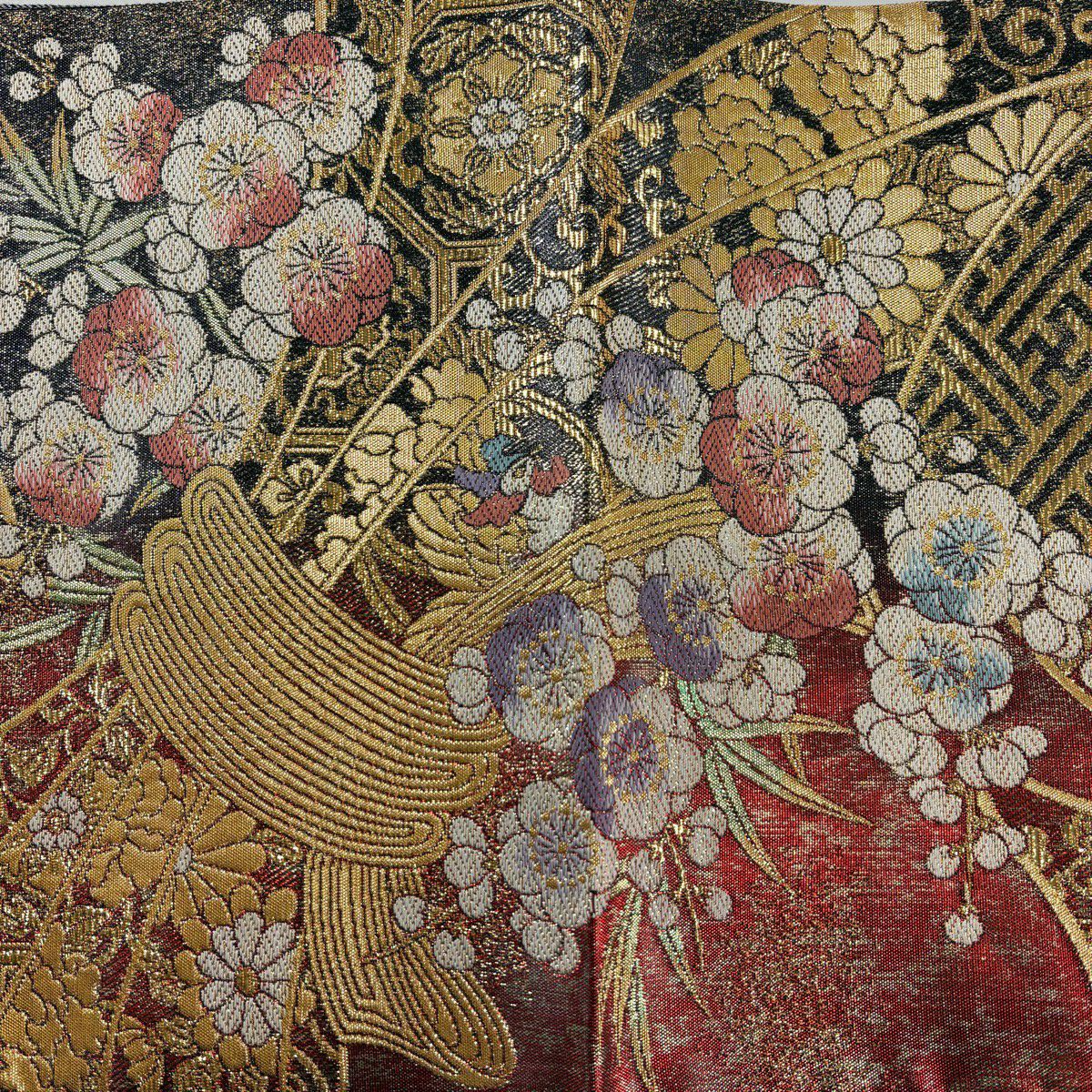 【美品】 袋帶 秀品級 束帶熨斗紋 草花紋紋 金金箔 紅茶 六通 純蠶絲
