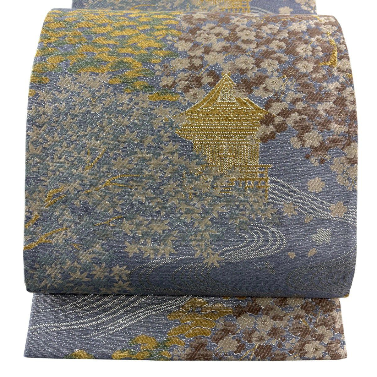 【美品】 袋帶 秀品級 流水 建物 金銀絲 薄紫 六通 純蠶絲
