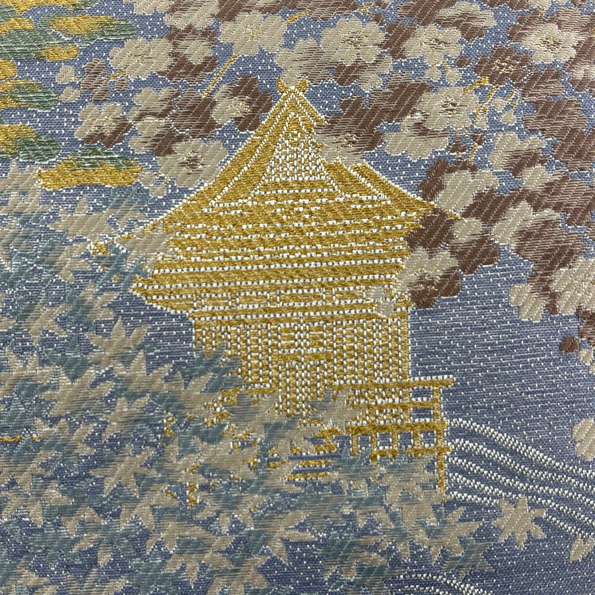 【美品】 袋帶 秀品級 流水 建物 金銀絲 薄紫 六通 純蠶絲