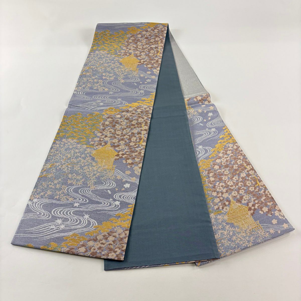 【美品】 袋帶 秀品級 流水 建物 金銀絲 薄紫 六通 純蠶絲