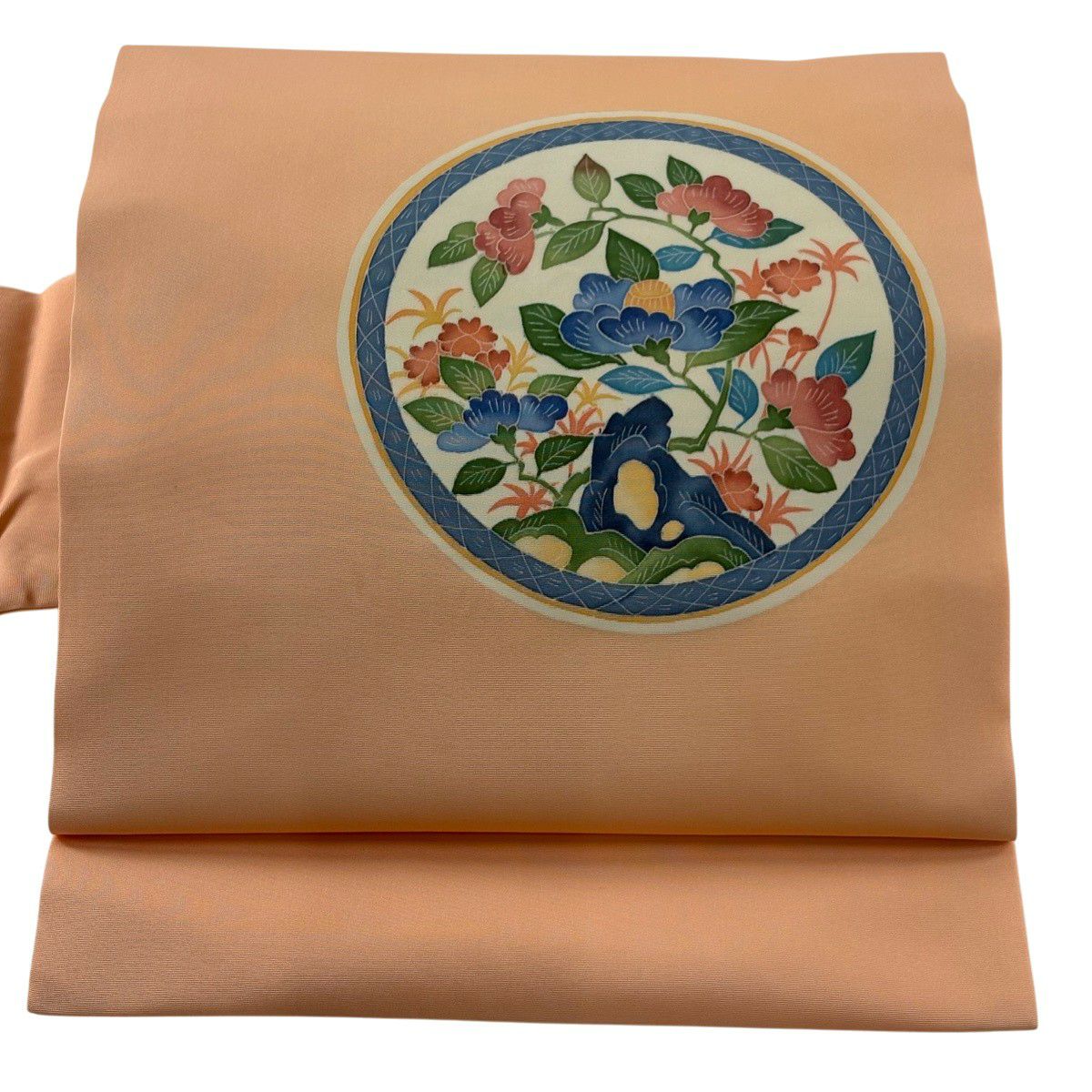 名古屋帶 秀品級 押田正義 落款 草花紋 薄橙 純蠶絲