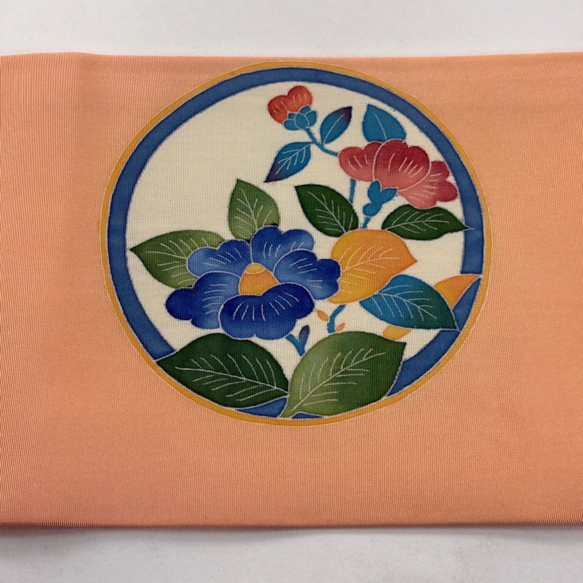 名古屋帶 秀品級 押田正義 落款 草花紋 薄橙 純蠶絲