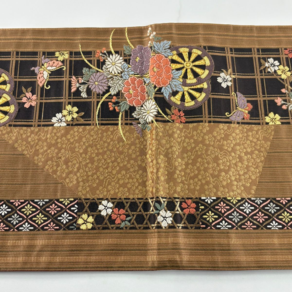 袋帶 秀品級 附落款 中村兒太郎 花車 蝴蝶 金絲 金金箔 茶 六通 純蠶絲