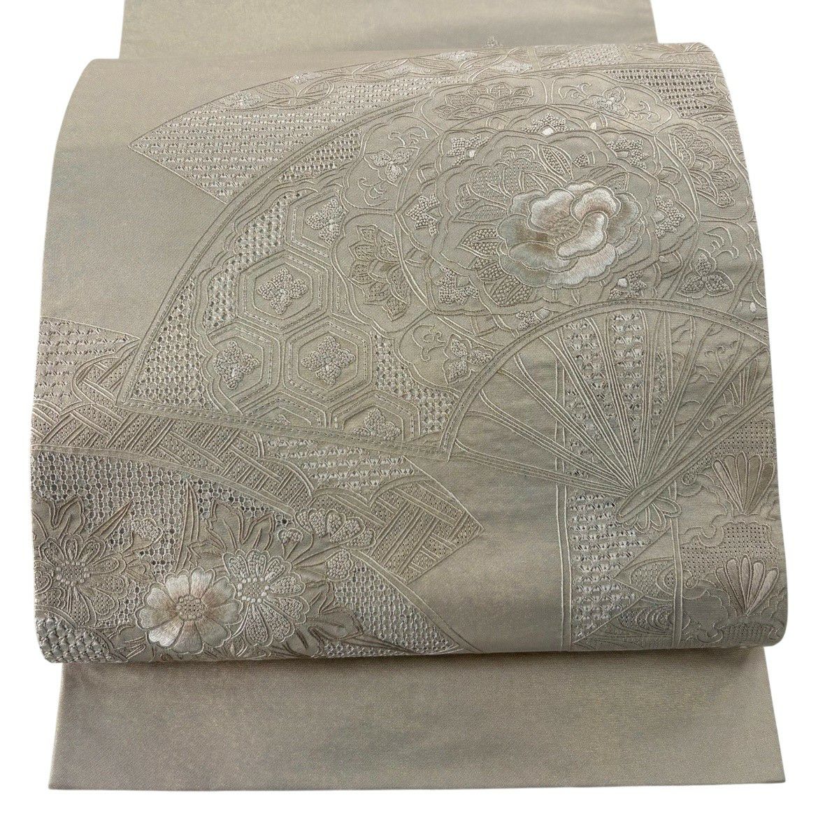 【美品】 袋帶 秀品級 扇子 草花紋刺繡 金金箔 金色 大鼓圖案 純蠶絲
