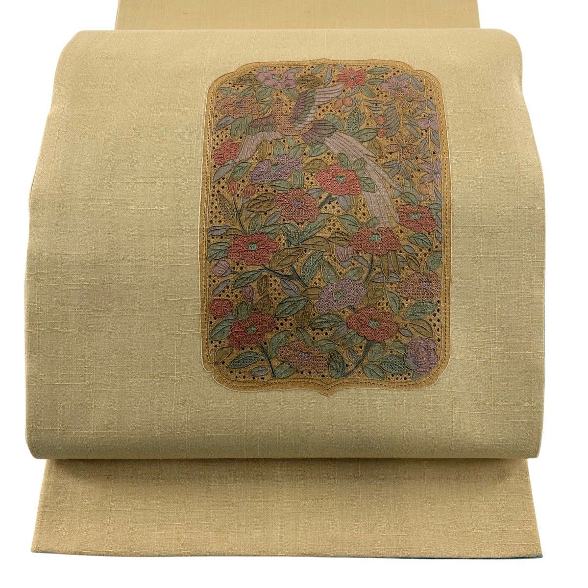 【美品】 袋帶 秀品級 紬織織 花鳥 刺繡 金彩裝飾 淺黃 お太鼓圖案 純蠶絲