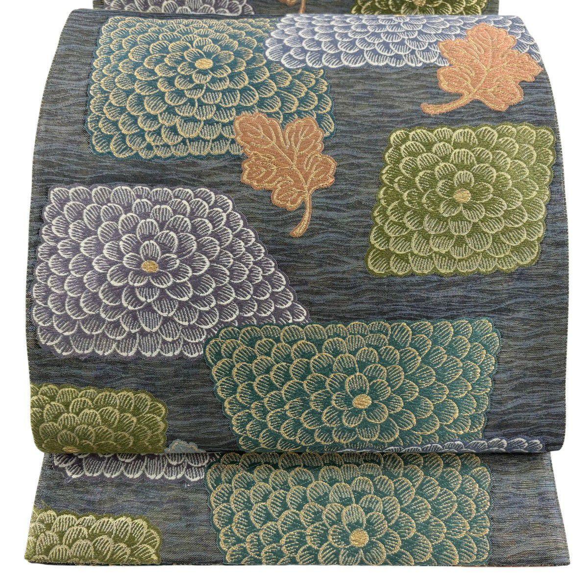 【美品】 袋帶 秀品級 菊花 幾何圖案 唐織 金金箔 灰綠 六通 純蠶絲