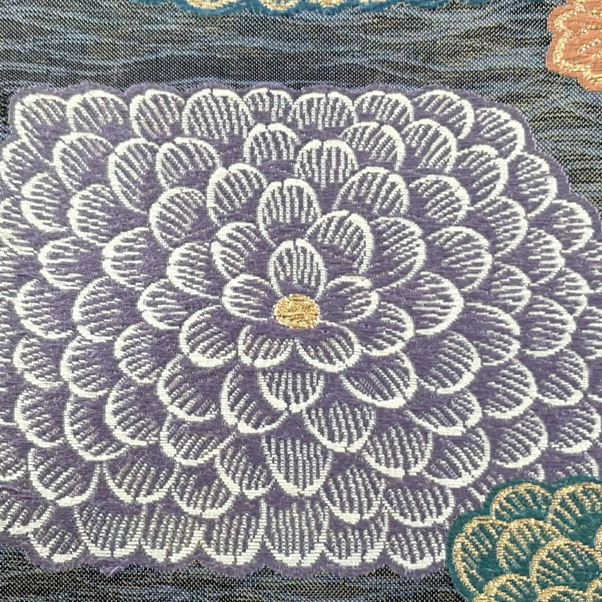 【美品】 袋帶 秀品級 菊花 幾何圖案 唐織 金金箔 灰綠 六通 純蠶絲