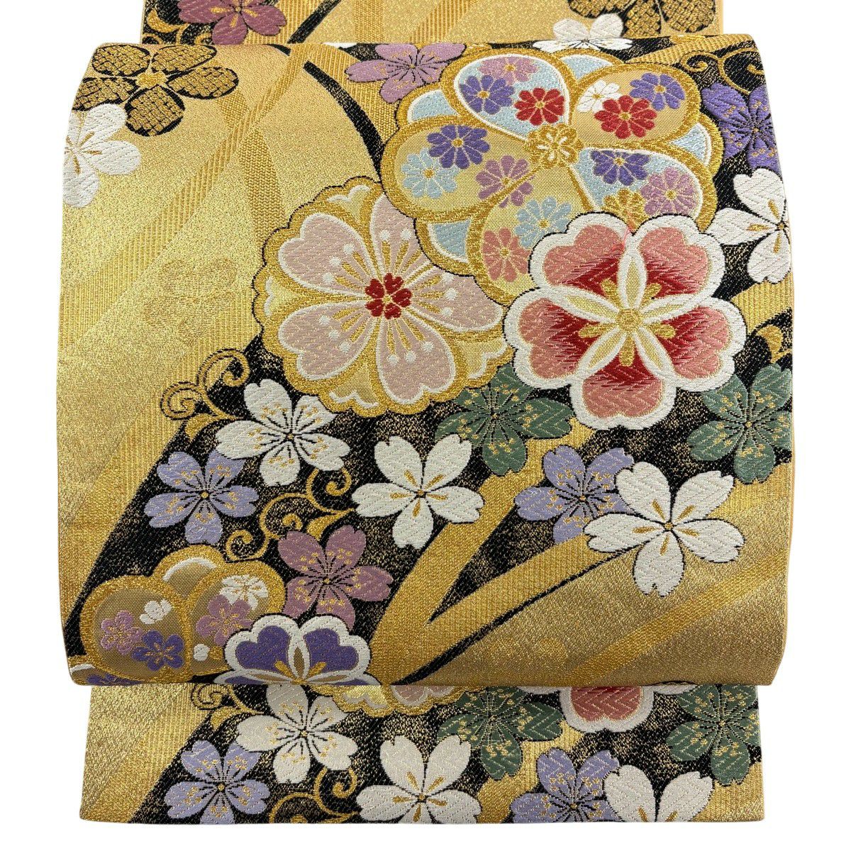 【美品】 袋帶 優品級 櫻花 菊花花 金絲 金金箔 金色 六通 純蠶絲