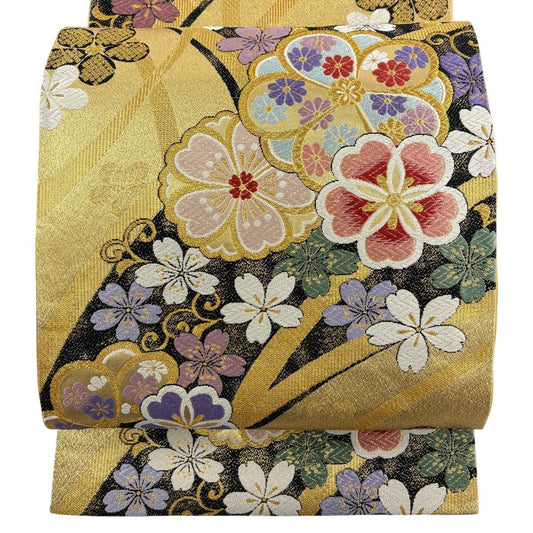【美品】 袋帶 優品級 櫻花 菊花花 金絲 金金箔 金色 六通 純蠶絲