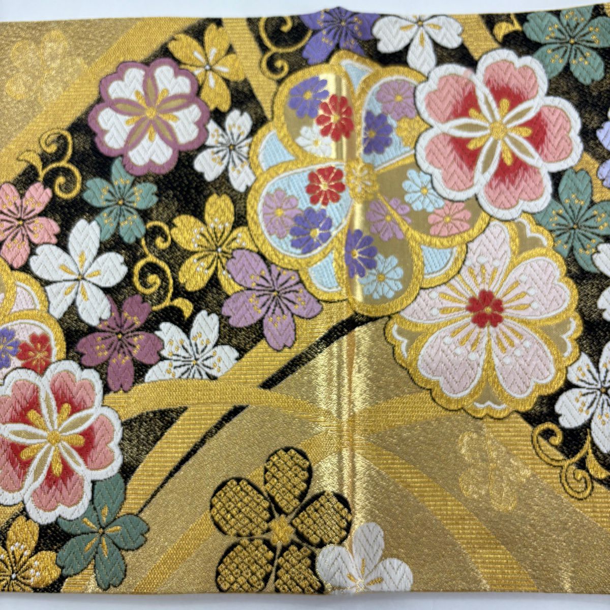 【美品】 袋帶 優品級 櫻花 菊花花 金絲 金金箔 金色 六通 純蠶絲