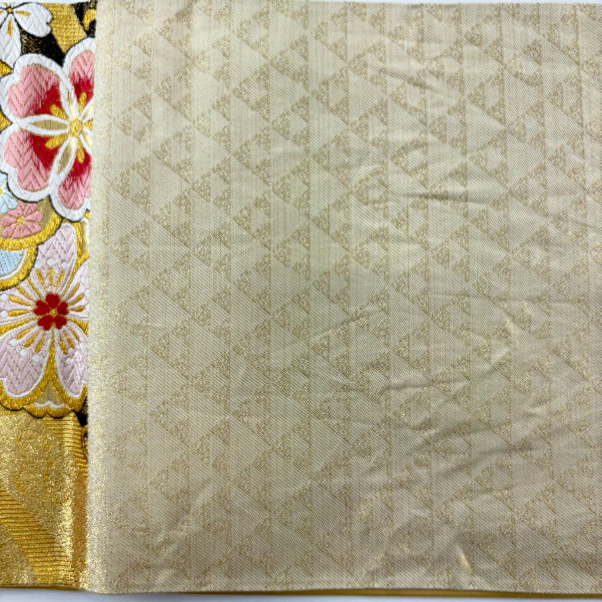 【美品】 袋帶 優品級 櫻花 菊花花 金絲 金金箔 金色 六通 純蠶絲