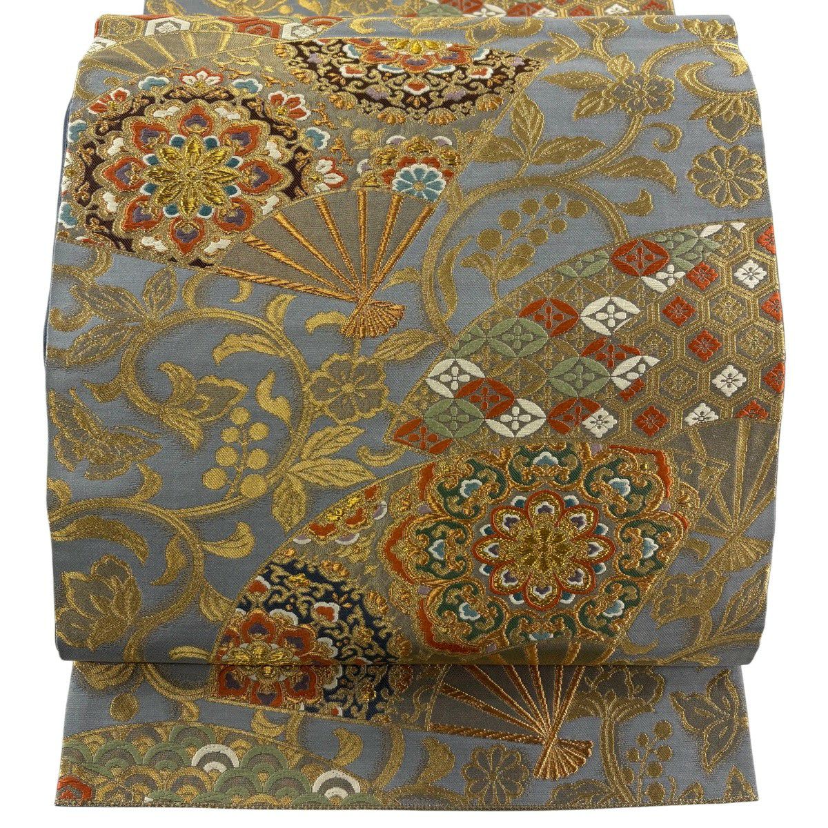 【美品】 袋帶 秀品級 扇子 華紋 刺繡 金糸 青灰 六通 純蠶絲