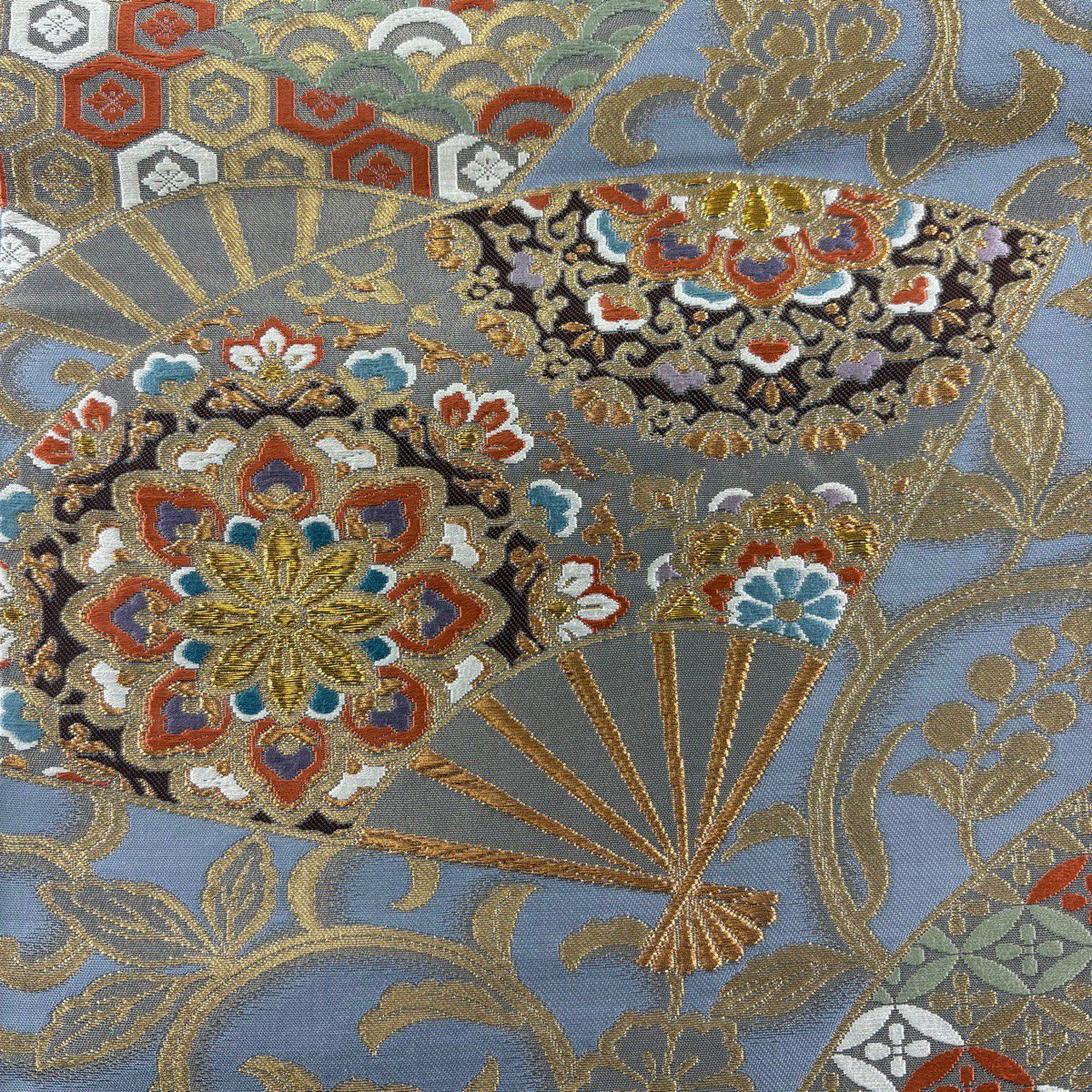 【美品】 袋帶 秀品級 扇子 華紋 刺繡 金糸 青灰 六通 純蠶絲