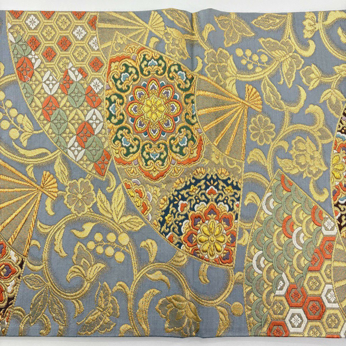 【美品】 袋帶 秀品級 扇子 華紋 刺繡 金糸 青灰 六通 純蠶絲