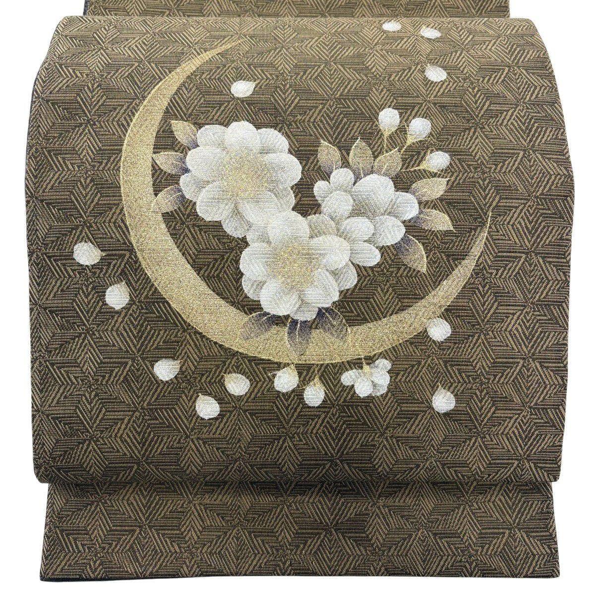 【美品】 袋帶 秀品級 草花紋紋 月 金銀彩 茶 純蠶絲