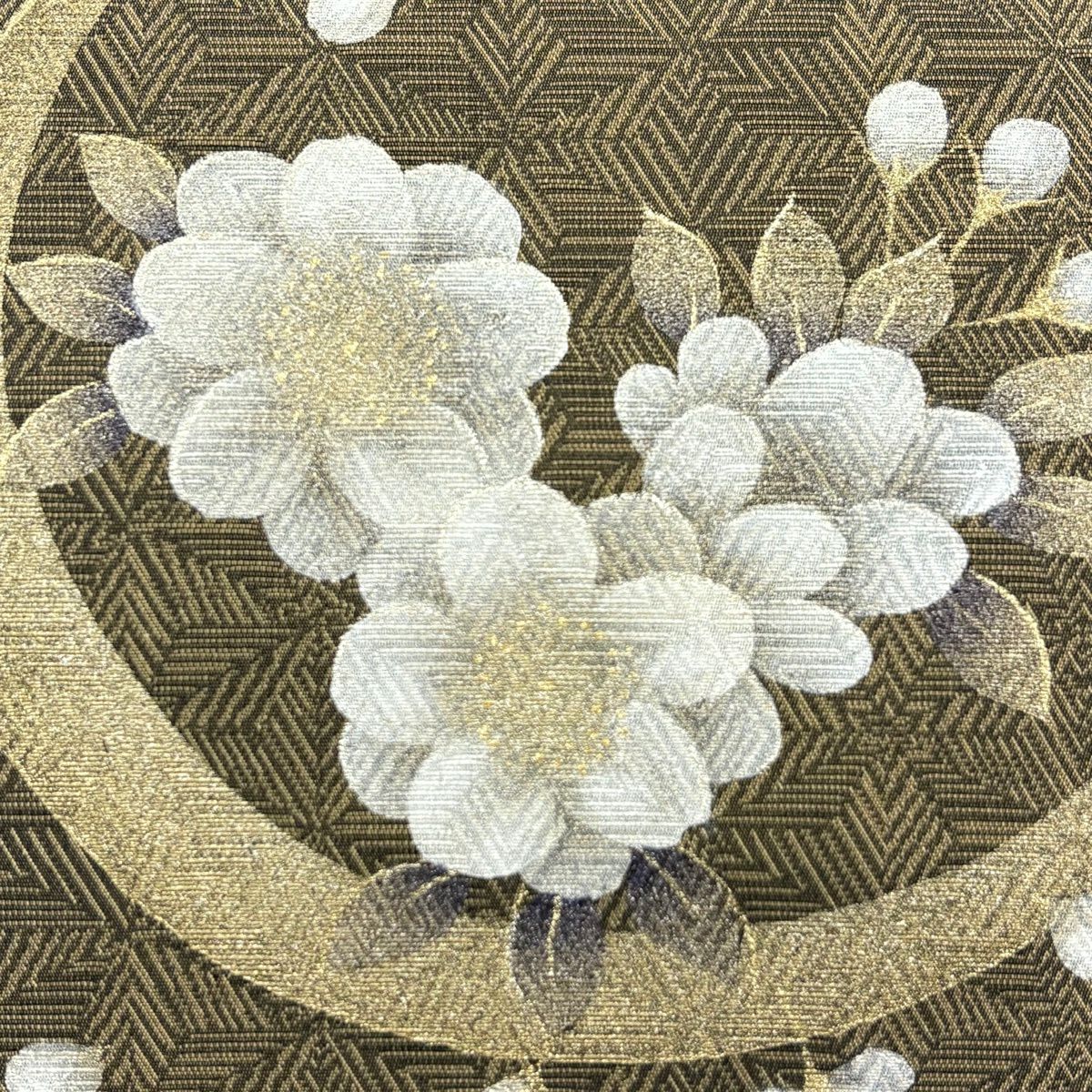 【美品】 袋帶 秀品級 草花紋紋 月 金銀彩 茶 純蠶絲