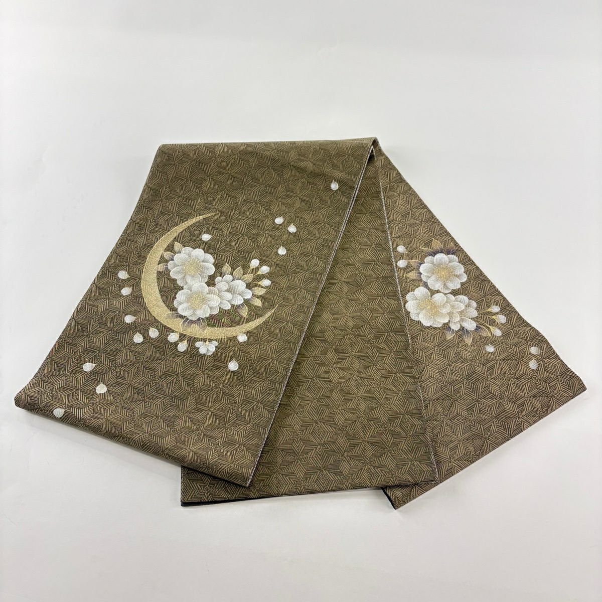 【美品】 袋帶 秀品級 草花紋紋 月 金銀彩 茶 純蠶絲