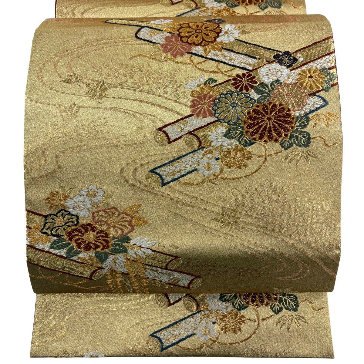 【美品】 袋帶 秀品級 花筏 流水 金絲 金金箔 金色 六通 純蠶絲