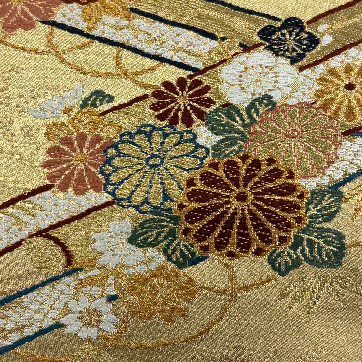 【美品】 袋帶 秀品級 花筏 流水 金絲 金金箔 金色 六通 純蠶絲