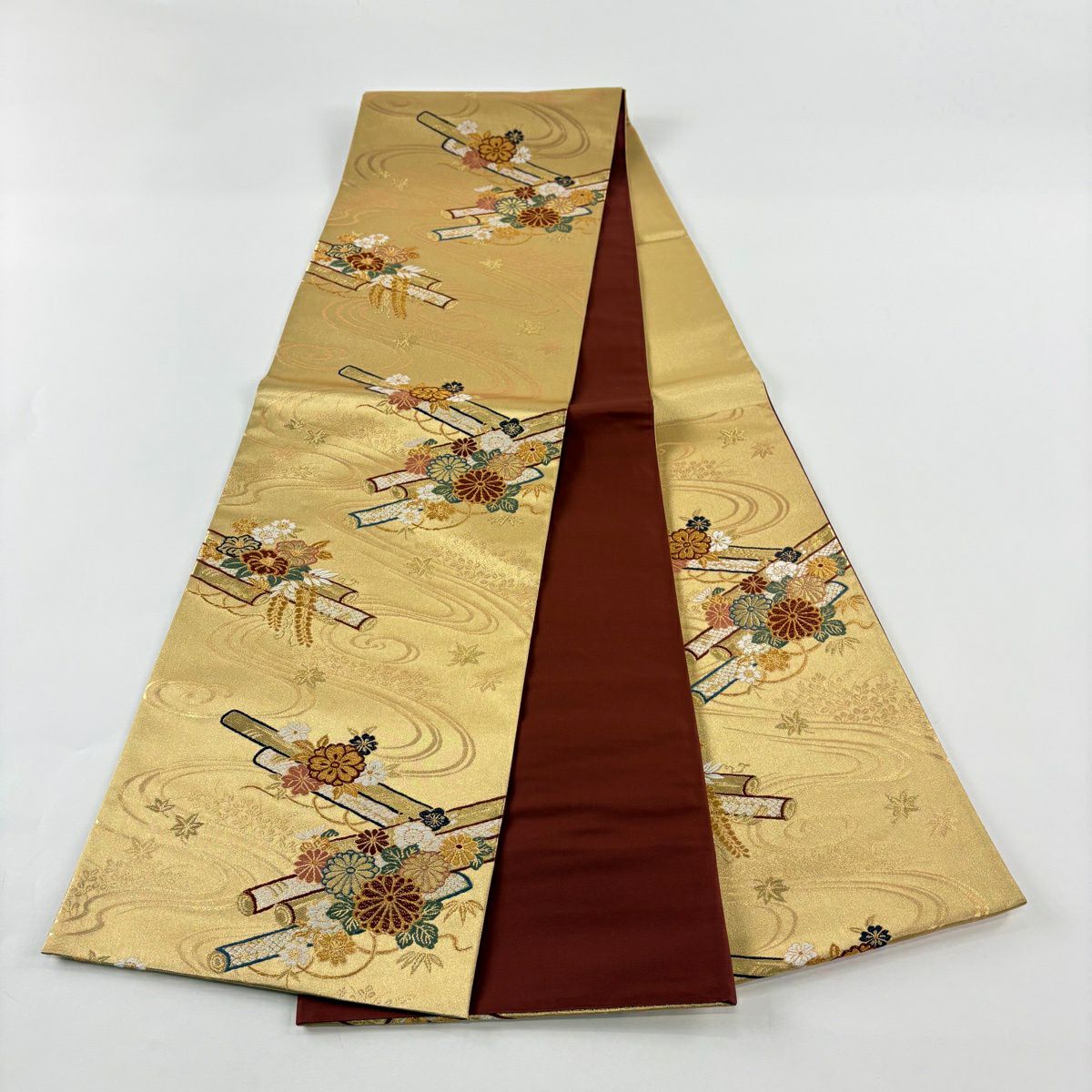 【美品】 袋帶 秀品級 花筏 流水 金絲 金金箔 金色 六通 純蠶絲