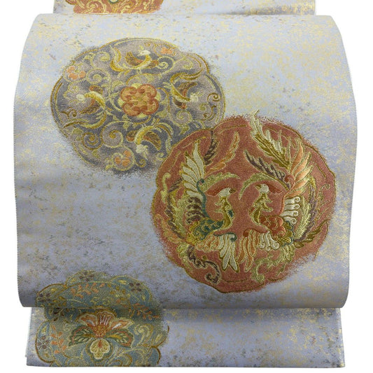 袋帶 秀品級 向鳥 華紋 金銀絲 金金箔 灰紫 六通 純蠶絲