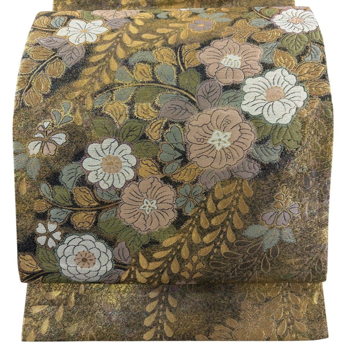 【美品】 袋帶 秀品級 草花紋紋 金金箔 金線 金色 大鼓圖案 純蠶絲