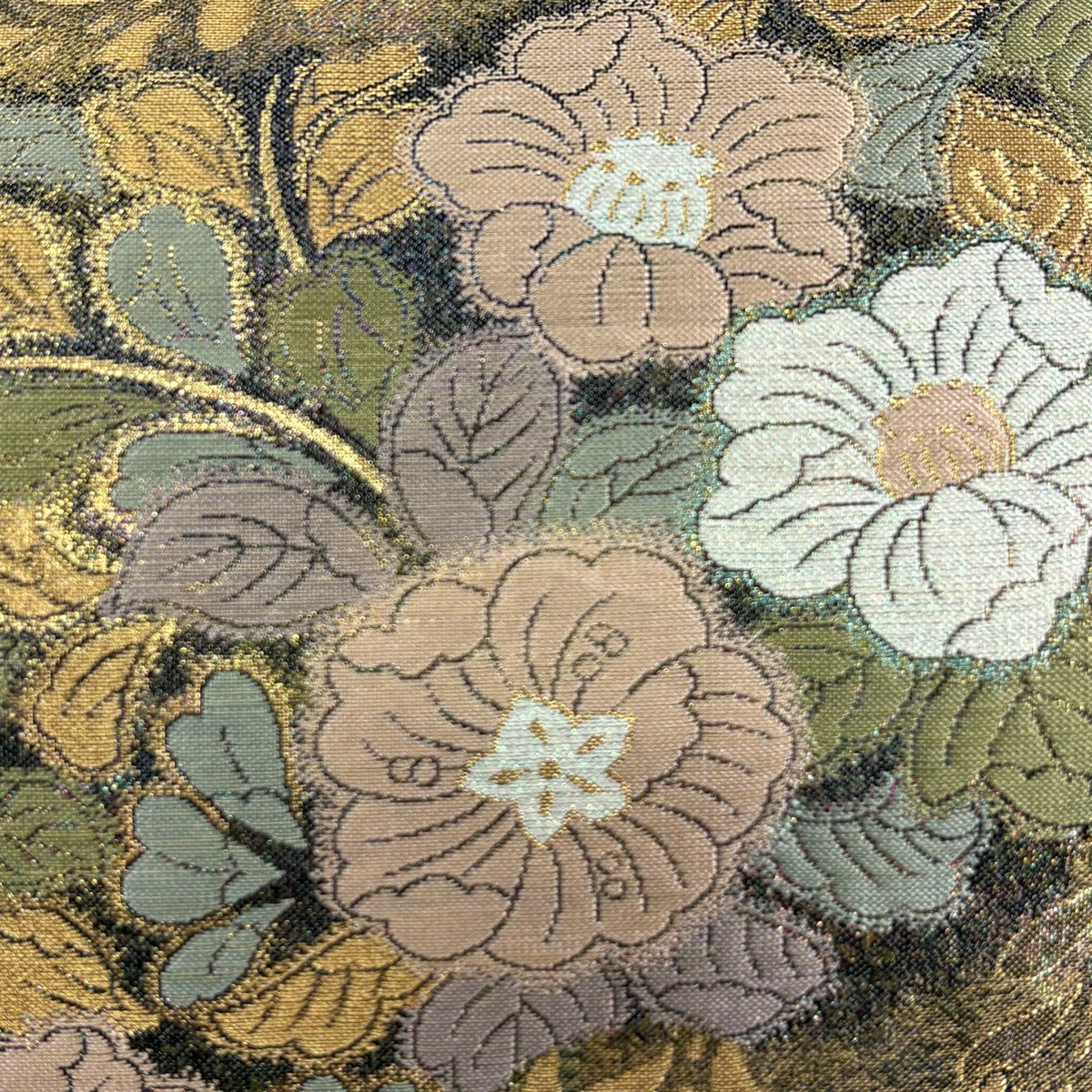 【美品】 袋帶 秀品級 草花紋紋 金金箔 金線 金色 大鼓圖案 純蠶絲