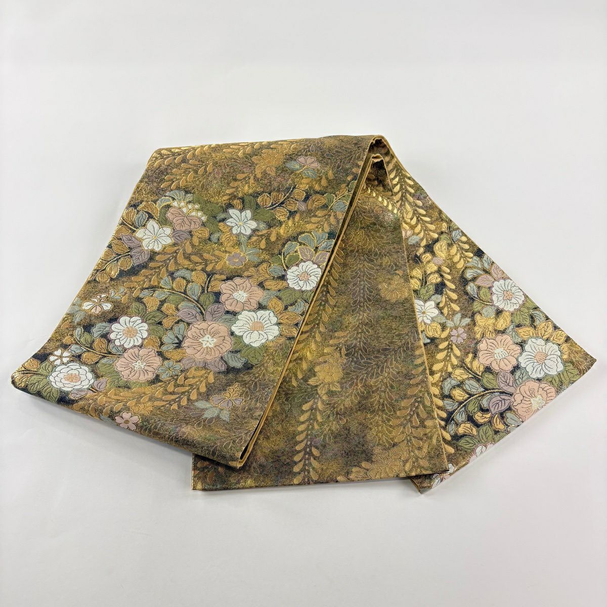 【美品】 袋帶 秀品級 草花紋紋 金金箔 金線 金色 大鼓圖案 純蠶絲