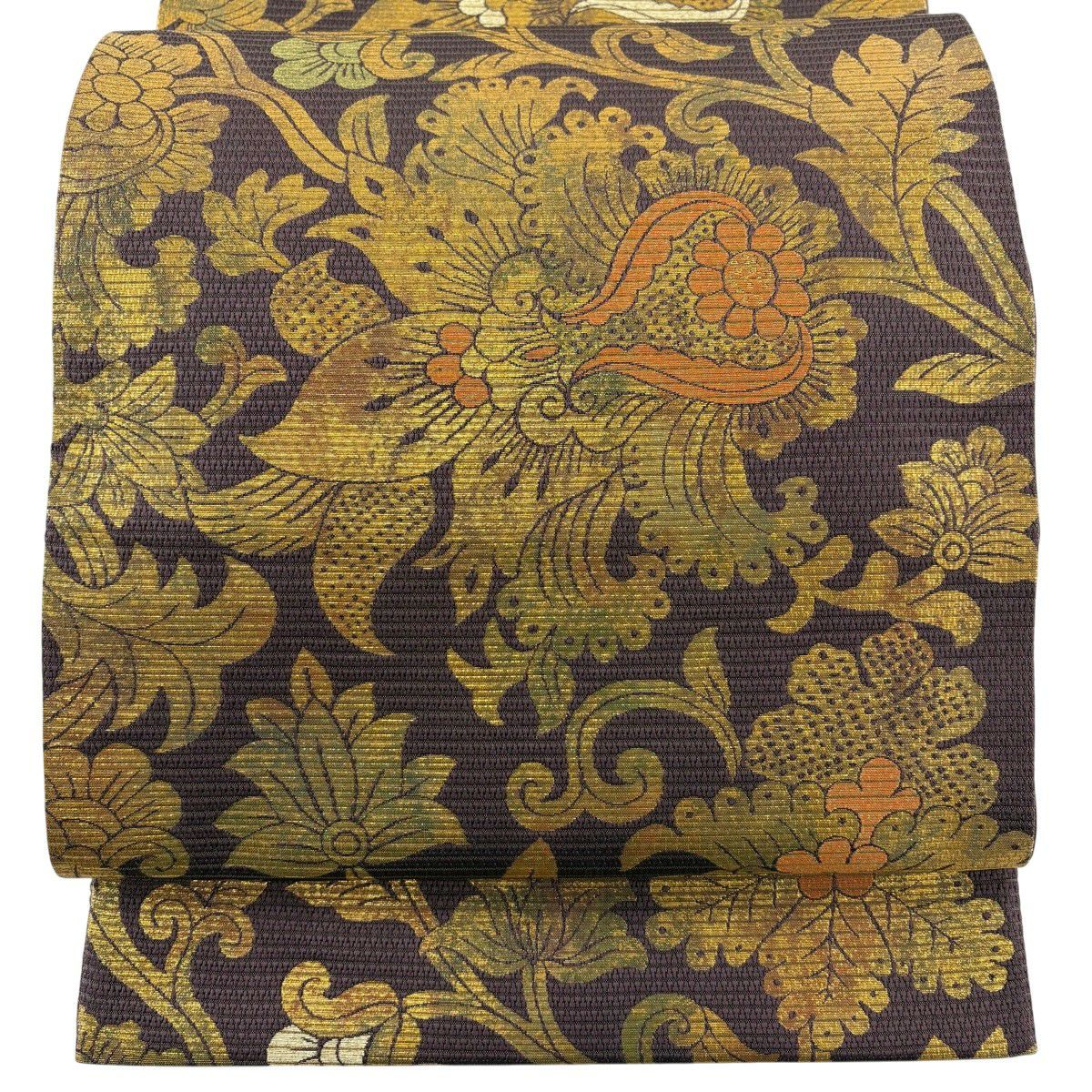 【美品】 袋帶 秀品級 草花紋紋 金金箔 金絲 紫色 六通 純蠶絲