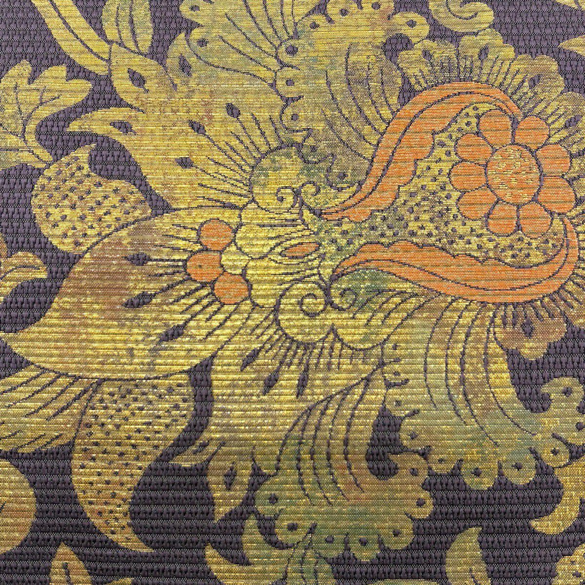 【美品】 袋帶 秀品級 草花紋紋 金金箔 金絲 紫色 六通 純蠶絲