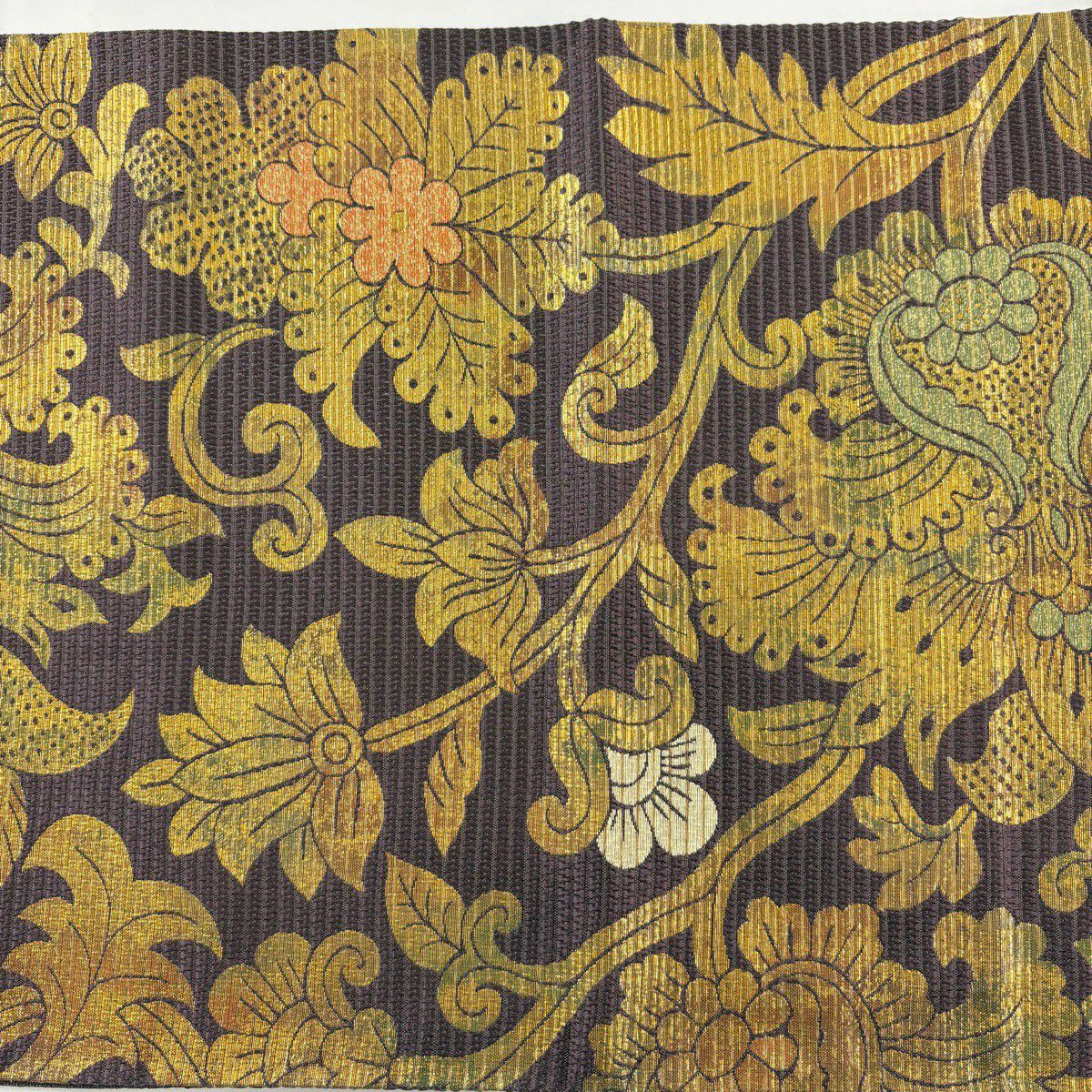 【美品】 袋帶 秀品級 草花紋紋 金金箔 金絲 紫色 六通 純蠶絲