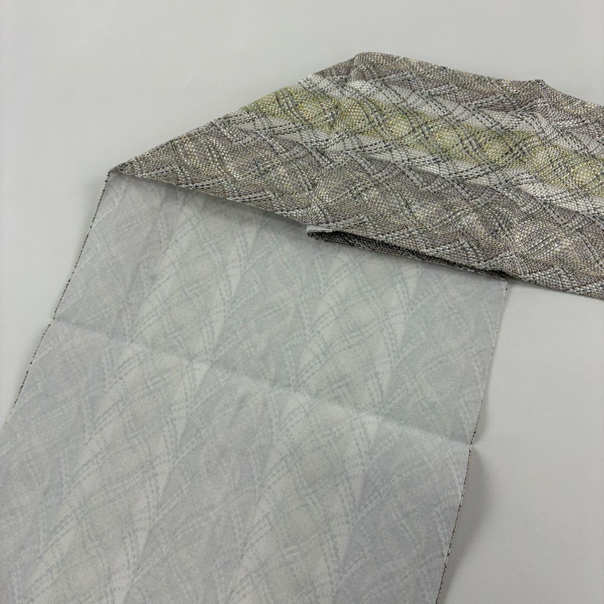 【美品】 名古屋帶 秀品級 八寸名古屋帶 松樹葉仕立 雜幾何 金銀彩 灰紫 純蠶絲