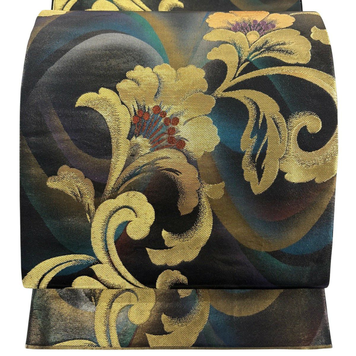 【美品】 袋帶 秀品級 西陣 一休 花唐草紋 金金箔 金絲 黑 六通 純蠶絲