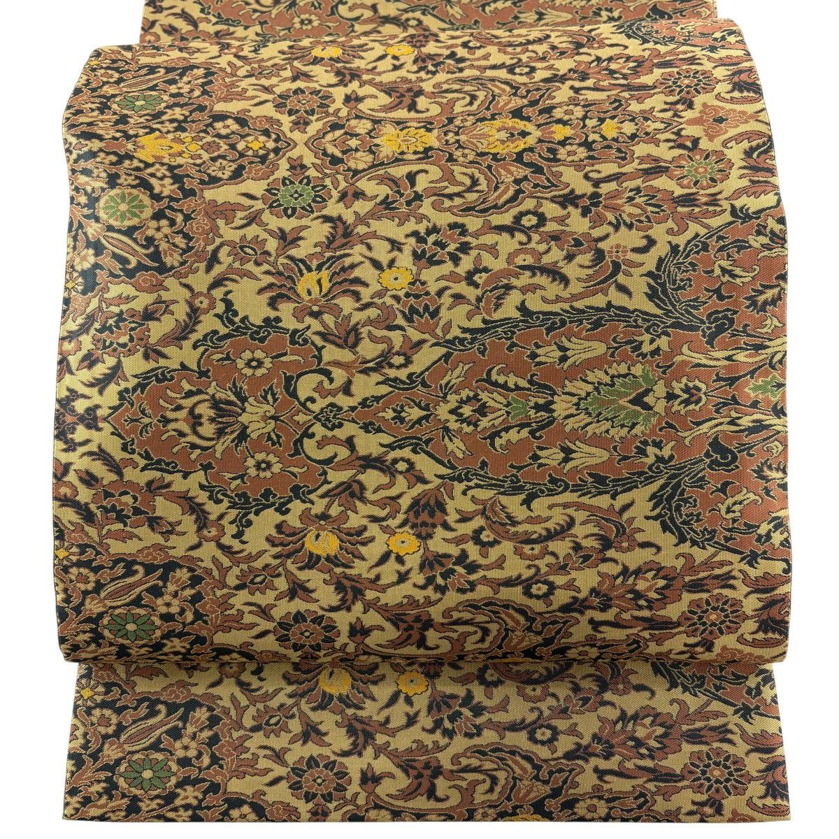 【美品】 袋帶 秀品級 落款あり 紹巴萬葉 草花紋 山吹茶 純蠶絲