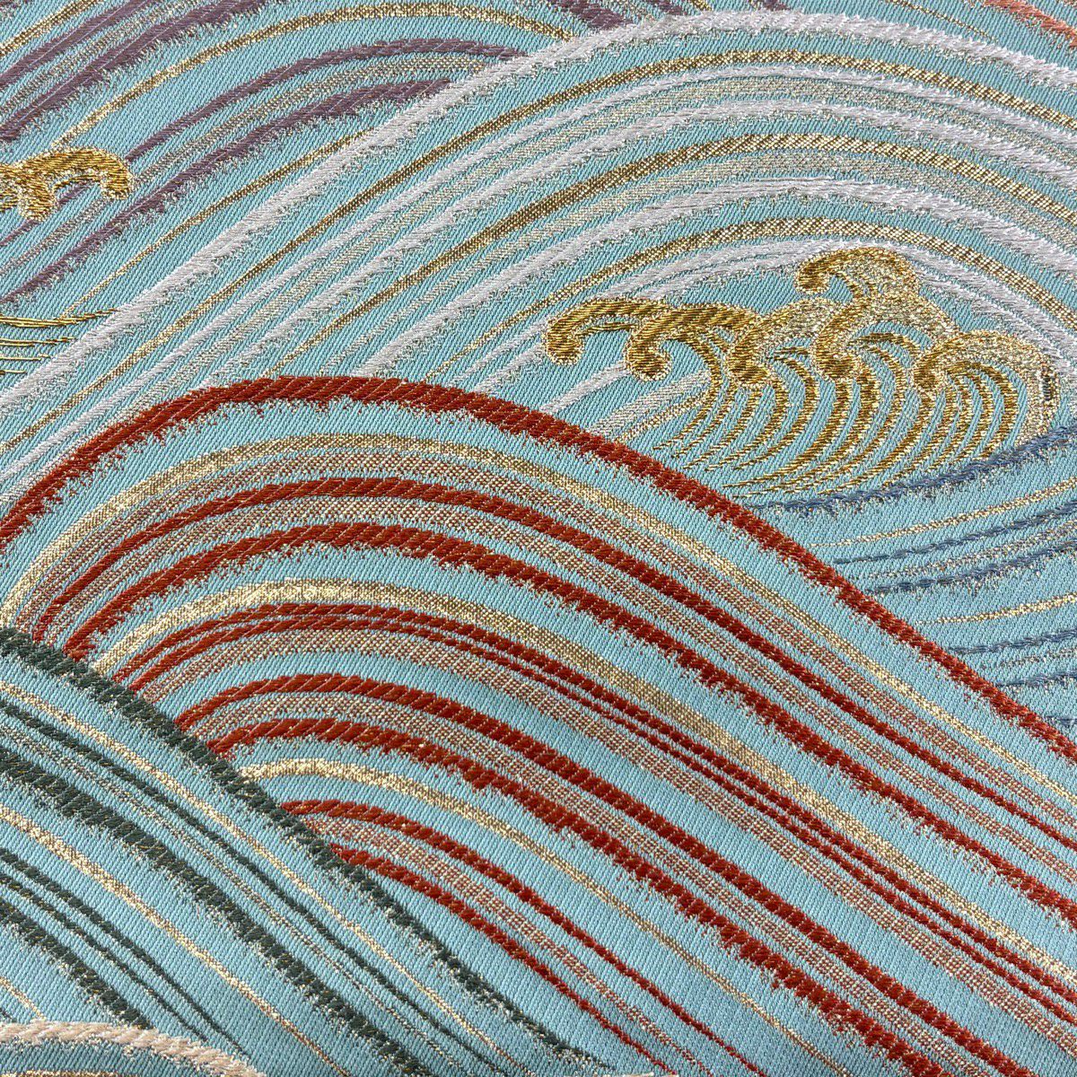 【美品】 袋帶 秀品級 波頭 波 金糸 刺繡 水色 六通 純蠶絲