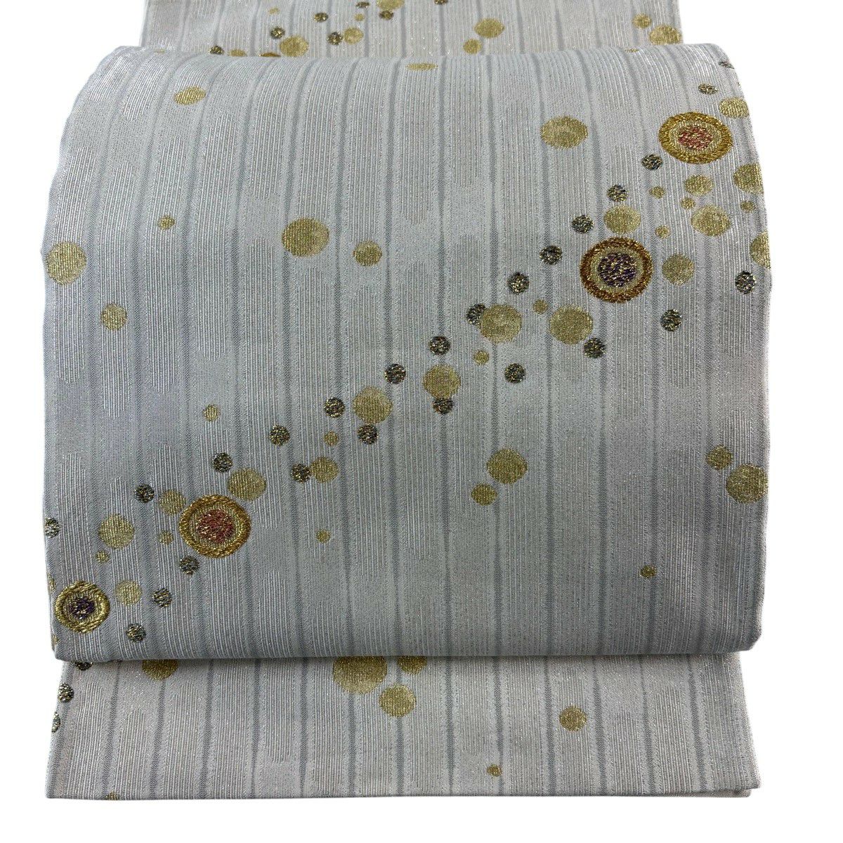 【美品】 袋帶 名品級 圓文 條紋 金銀絲 金金箔 米色 六通 純蠶絲