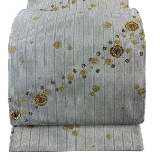 【美品】 袋帶 名品級 圓文 條紋 金銀絲 金金箔 米色 六通 純蠶絲