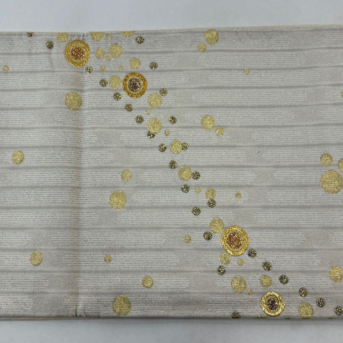 【美品】 袋帶 名品級 圓文 條紋 金銀絲 金金箔 米色 六通 純蠶絲