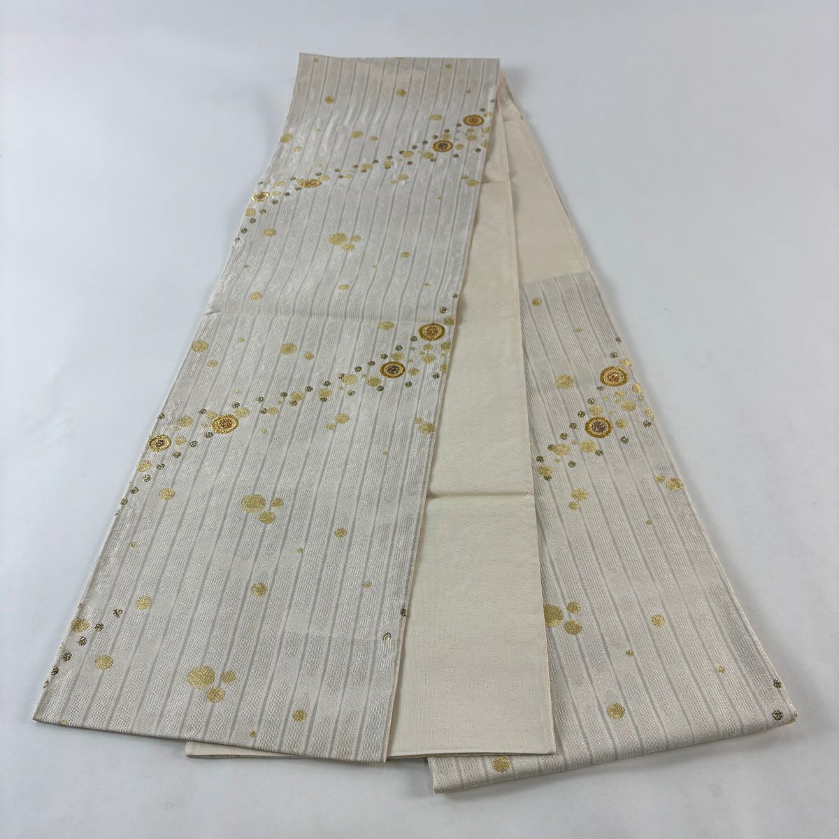 【美品】 袋帶 名品級 圓文 條紋 金銀絲 金金箔 米色 六通 純蠶絲