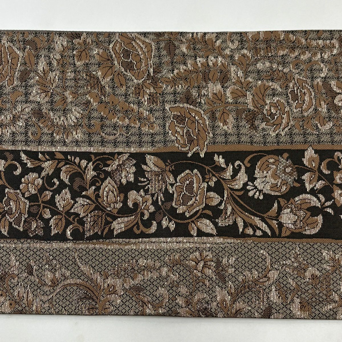 【美品】 袋帶 名品級 花唐草紋 茶 六通 純蠶絲