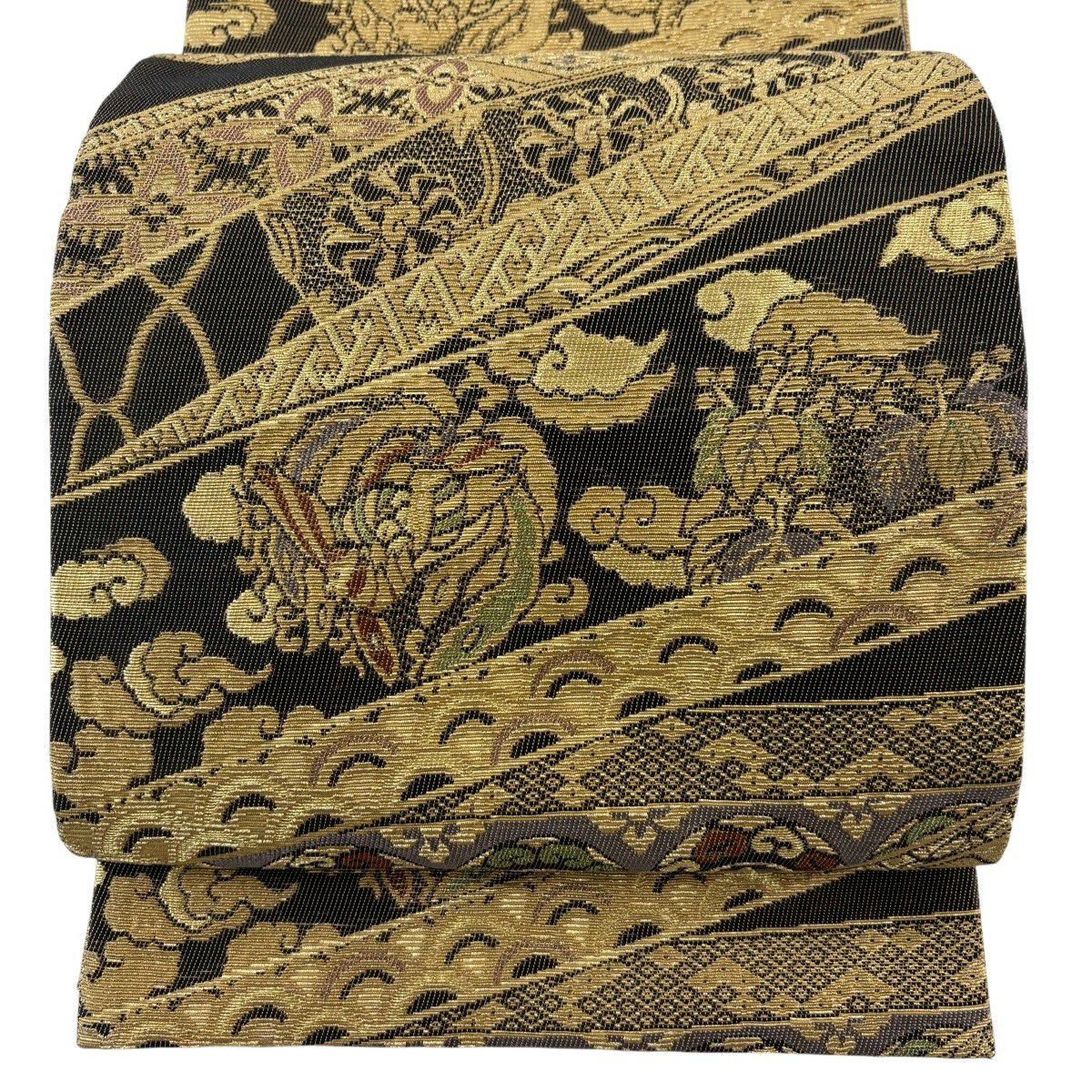 【美品】 袋帶 名品級 鳳凰 華紋 金絲 黑色 お太鼓圖案 純蠶絲