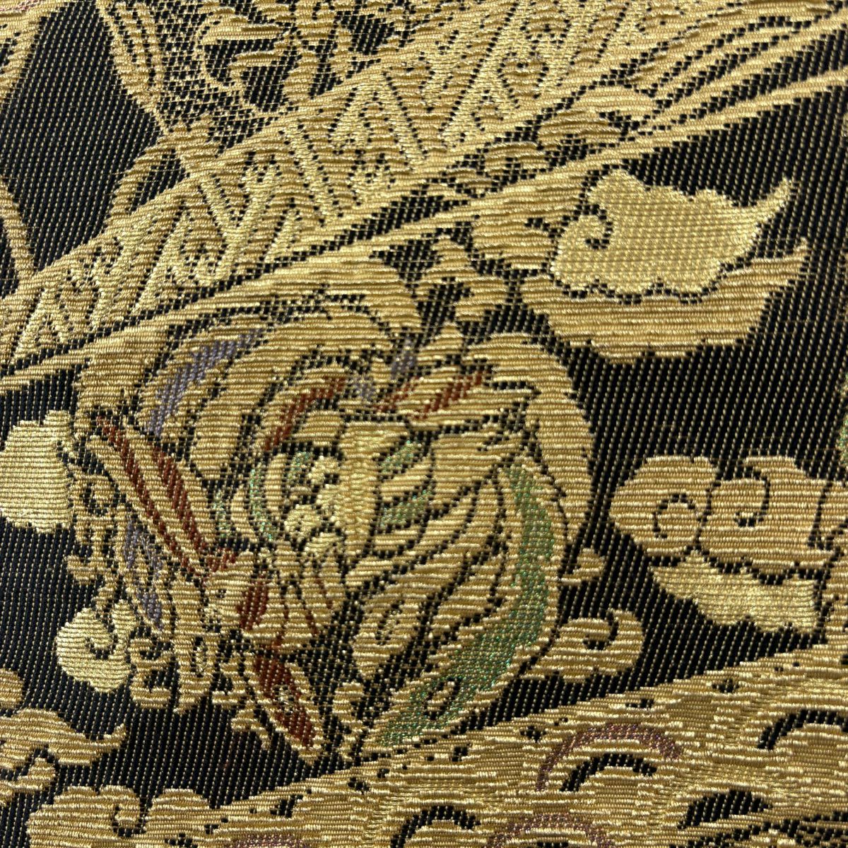 【美品】 袋帶 名品級 鳳凰 華紋 金絲 黑色 お太鼓圖案 純蠶絲