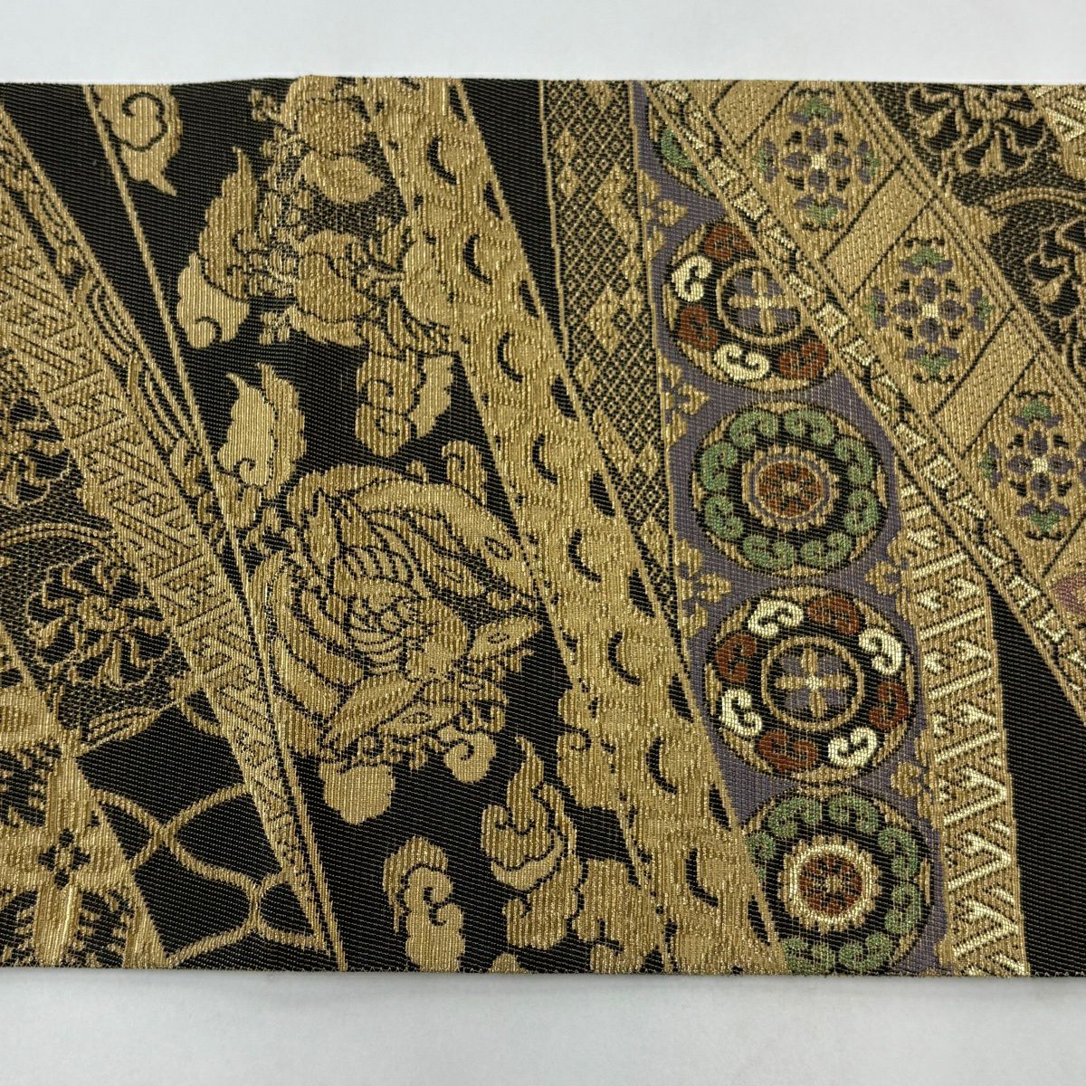 【美品】 袋帶 名品級 鳳凰 華紋 金絲 黑色 お太鼓圖案 純蠶絲
