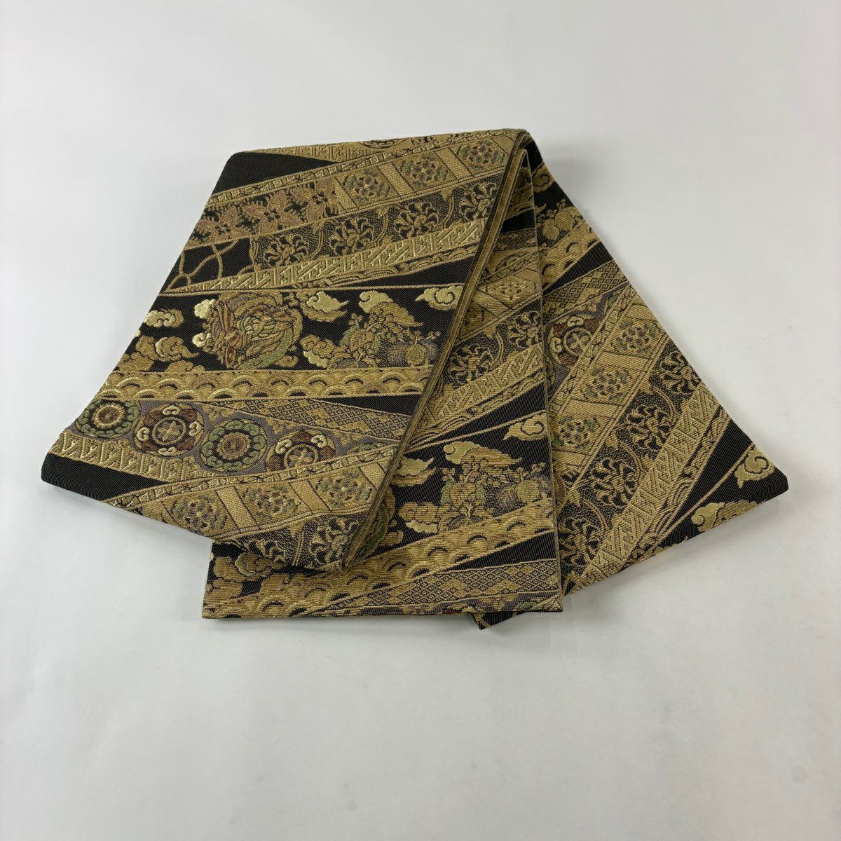 【美品】 袋帶 名品級 鳳凰 華紋 金絲 黑色 お太鼓圖案 純蠶絲