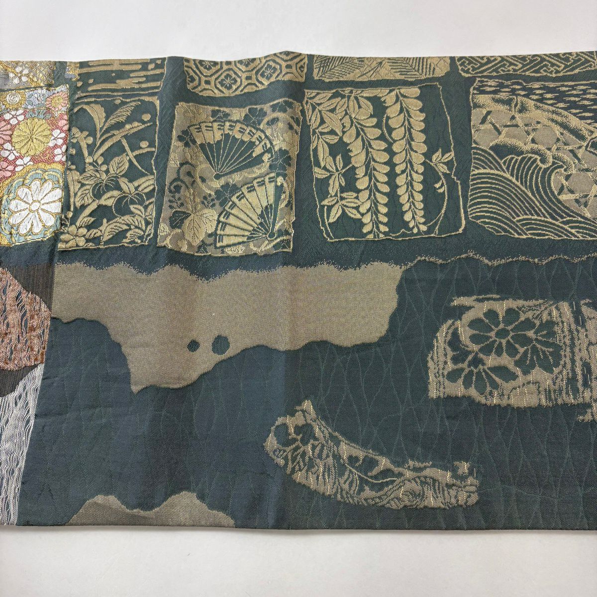 袋帶 名品級 波 草花紋 金金箔 金線 灰綠 お太鼓圖案 純蠶絲