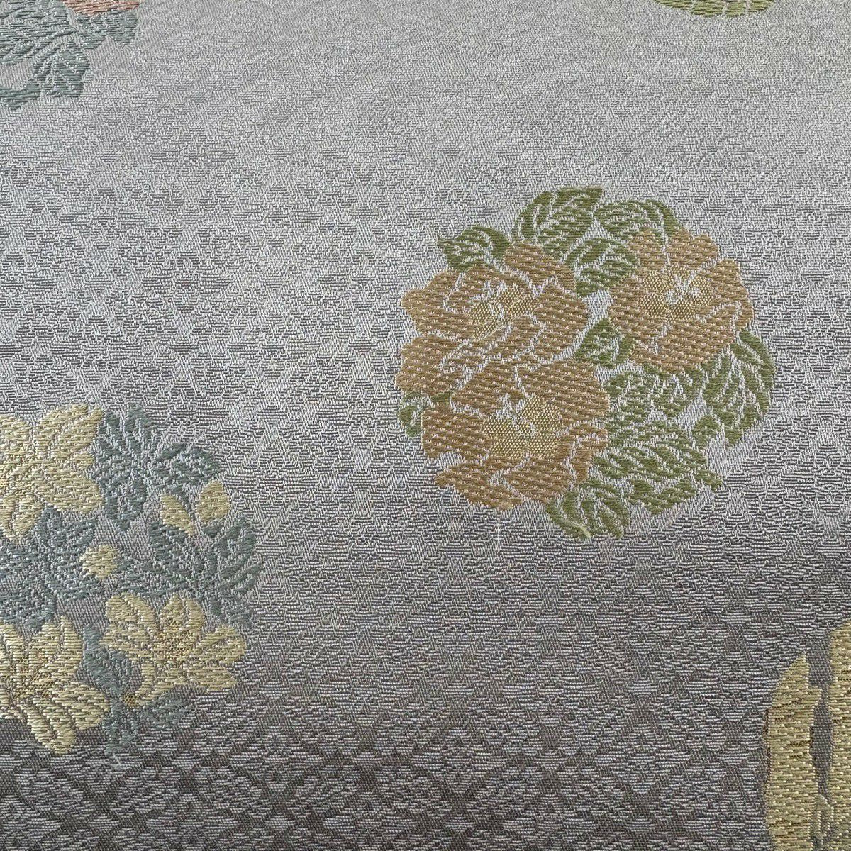 袋帶 名品級 金金箔屋清兵衛 落款 草花紋紋 金金箔 草木染 灰色 六通 純蠶絲