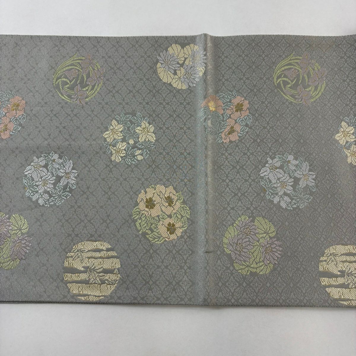 袋帶 名品級 金金箔屋清兵衛 落款 草花紋紋 金金箔 草木染 灰色 六通 純蠶絲