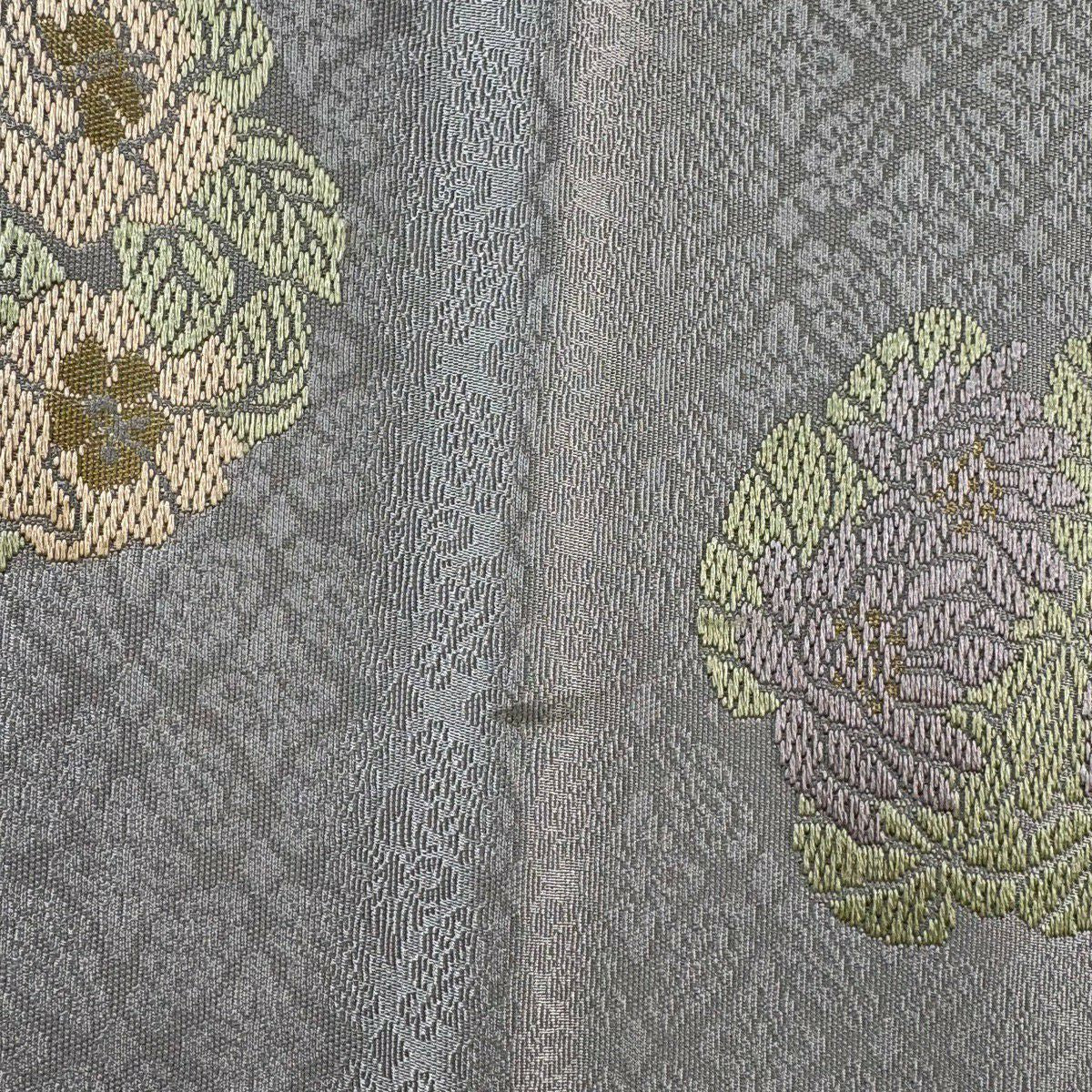 袋帶 名品級 金金箔屋清兵衛 落款 草花紋紋 金金箔 草木染 灰色 六通 純蠶絲